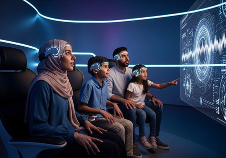 A family of four wearing VR headsets sitting in a futuristic room with blue lights and screensの写真素材
