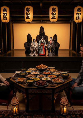 A lavish spread of food on a wooden table with people sitting, surrounded by lanterns and stage figurines.の写真素材