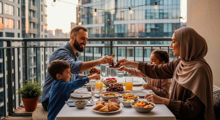 Family of four enjoying a meal together on a balcony overlooking the city