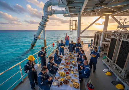 Workers in blue uniforms gather around a long table filled with food on a ship deck