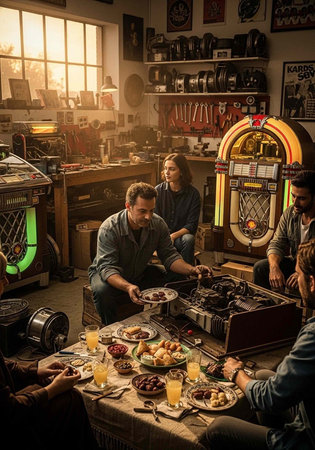 Group of people sharing meal together in a cluttered workshop with various tools and entertainmentの写真素材