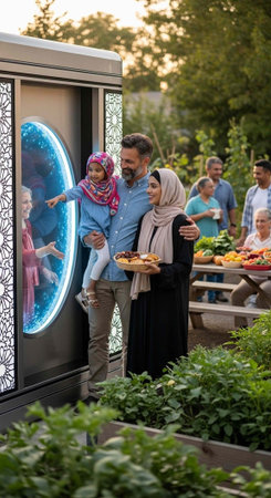 A family of three standing near an interactive display with food and people in the backgroundの写真素材
