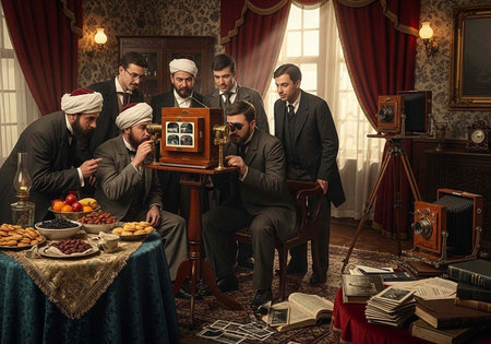 Group of men in suits and turbans gathered around a photo viewer in a luxurious roomの写真素材