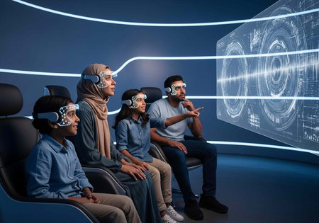 A diverse family of four sits together wearing VR headsets in a futuristic room with neon lightsの写真素材