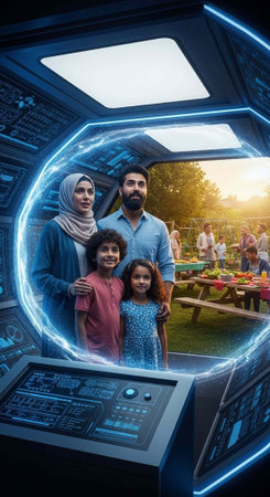 A family of four in a futuristic spacecraft views a picnic scene with people and food outsideの写真素材
