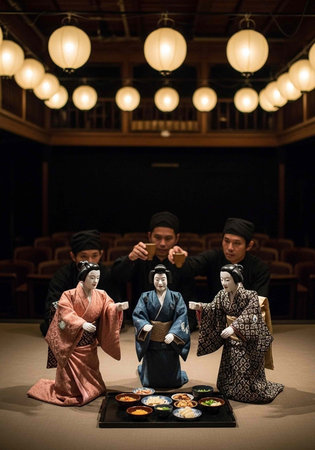 Colorful Bunraku puppets in traditional Japanese attire on stage with operators in backgroundの写真素材