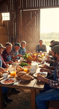 Group of people sitting around long table filled with food and drinks in a barnの写真素材