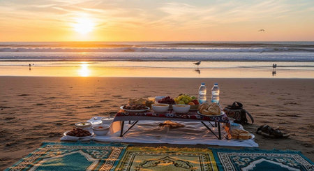 A tranquil beach picnic scene at sunset featuring a vibrant rug, food, and drinks on a tableの写真素材
