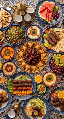 Colorful spread of Middle Eastern cuisine featuring various dishes, fruits, and flatbreads on decorative tableの写真素材