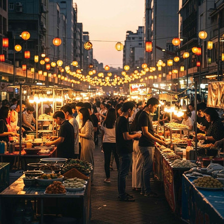 A bustling street food market at dusk with people shopping and eating, surrounded by lanterns and stalls.の写真素材