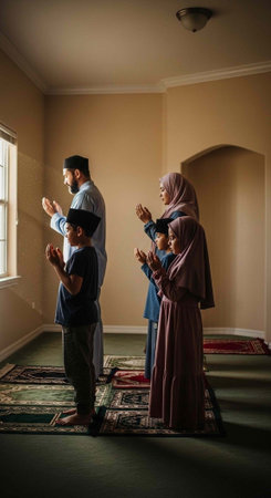 A family of four stands on prayer mats, hands raised, in a beige room with green carpet.の写真素材