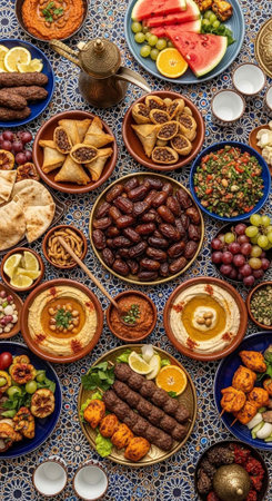 Colorful spread of traditional Middle Eastern food, fruits, and dips on decorative tableclothの写真素材