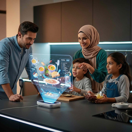 A family of four, including two children, gather around a kitchen counter with a holographic displayの写真素材