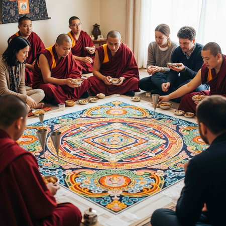 Group of Buddhist monks and followers sitting on floor sharing meal on vibrant mandala carpetの写真素材