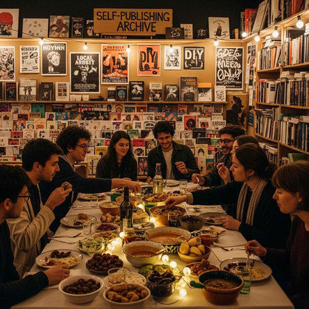 People sitting around a table filled with food and drinks in a bookstore with postersの写真素材
