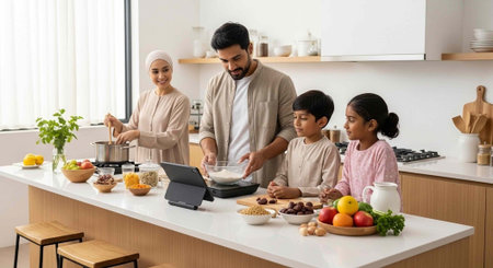 Family of four preparing food in a bright kitchen with a tablet and various ingredientsの写真素材
