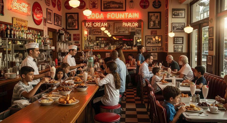 Busy diner with families and staff, featuring a soda fountain, ice cream parlor, and classic decorの写真素材