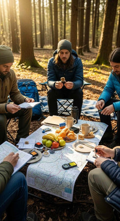 Group of friends sitting around a table in the woods, planning with maps and snacksの写真素材