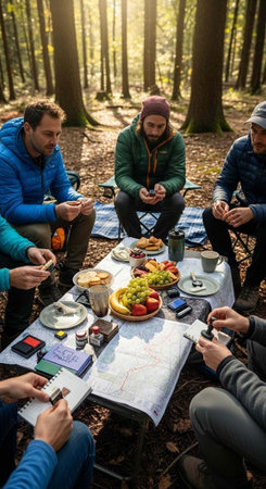 People sitting around a table in the forest, eating and looking at maps and devicesの写真素材