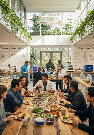 A group of people from different backgrounds sitting around a long wooden table filled with food