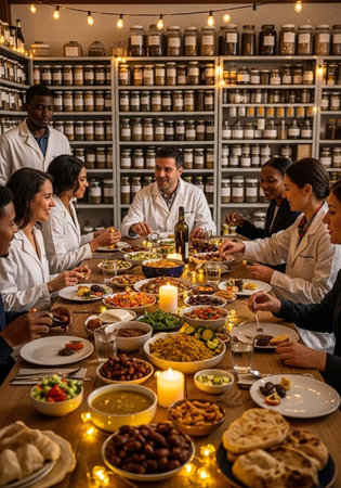 A group of people in lab coats sit around a table filled with food and drinks