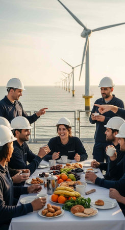 Group of workers in hard hats having breakfast with fruits and pastries by the sea