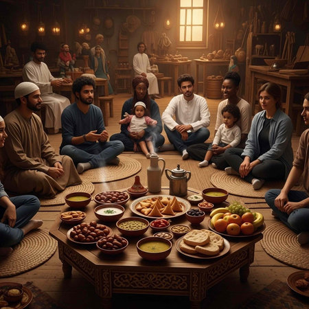 Diverse group of people sitting on floor around table with various dishes and drinks
