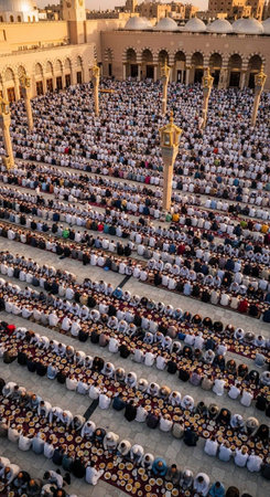 Aerial view of a massive crowd of worshippers praying in rows on a large outdoor courtyardの写真素材