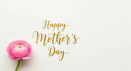 A pink ranunculus flower with green stem and golden Happy Mother's Day text on whiteの写真素材