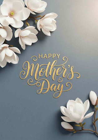 Beautiful Mother's Day card with white magnolias and gold cursive text on gray backgroundの写真素材