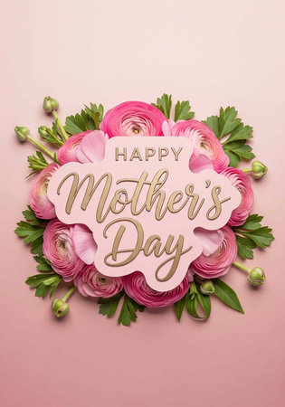 Pink flowers and green leaves with Happy Mother's Day message in gold letters