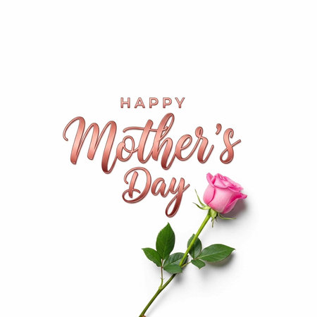 Pink rose with green leaves and Happy Mother's Day text on white backgroundの写真素材