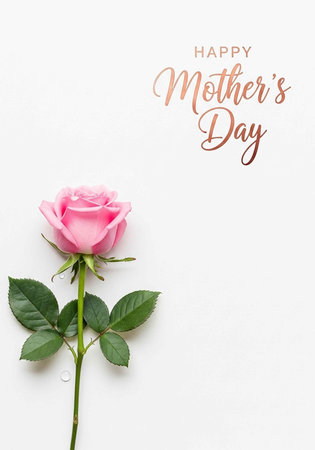 A single pink rose with green leaves and stem on a white background with Mother's Day textの写真素材
