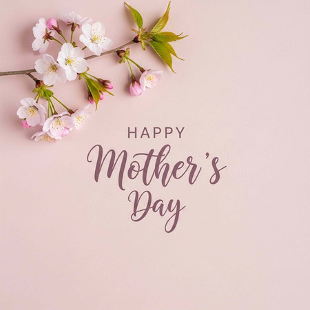 A Mother's Day card with cherry blossoms and text on a soft pink background