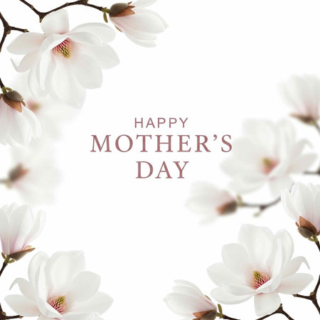 A festive Mother's Day greeting surrounded by white magnolia flowers and pink text on a white backgroundの写真素材