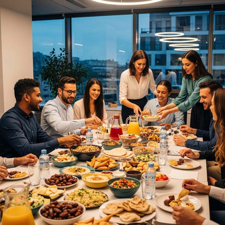 A group of colleagues enjoying a meal together in a modern office settingの写真素材