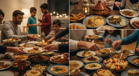 A family gathers around a table filled with a variety of delicious foods to shareの写真素材