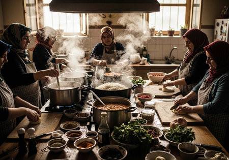 A group of women cooking together in a kitchen with steam rising from potsの写真素材