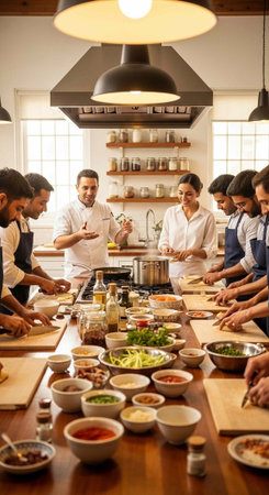 A group of people learning to cook in a modern kitchen with a chefの写真素材