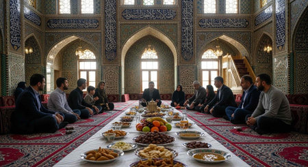 A group of people sitting around a long table filled with food in a large ornate room