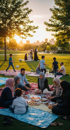A group of people having a picnic in a park at sunset with a city skylineの写真素材