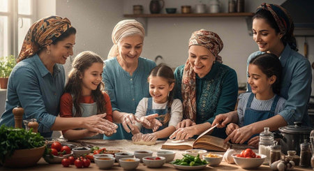 A group of happy women and children preparing food together in a kitchenの写真素材