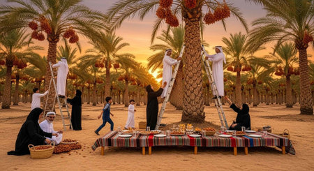 People in traditional clothing harvesting dates from palm trees at sunset in a desertの写真素材