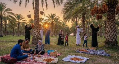 A family gathers in a palm grove during a serene sunset in a peaceful natural settingの写真素材