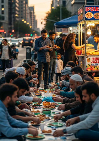 A group of people gather on a city street for a festive iftar mealの写真素材