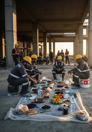 Construction workers taking a break to eat a meal on a building siteの写真素材