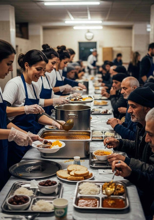 Volunteers serving food to people in need at a community kitchen or soup kitchenの写真素材