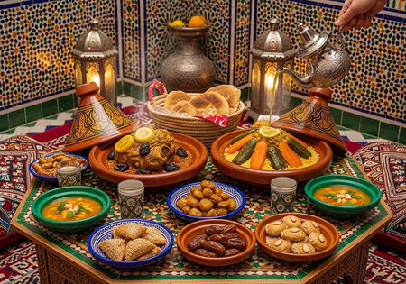 A vibrant and colorful Moroccan feast spread on a decorative table with traditional dishesの写真素材