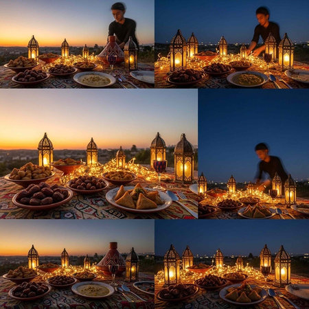 A man prepares a beautifully set table with lanterns and food at sunsetの写真素材