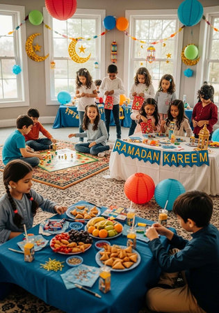 Children celebrate Ramadan Kareem with food and decorations in a festive roomの写真素材